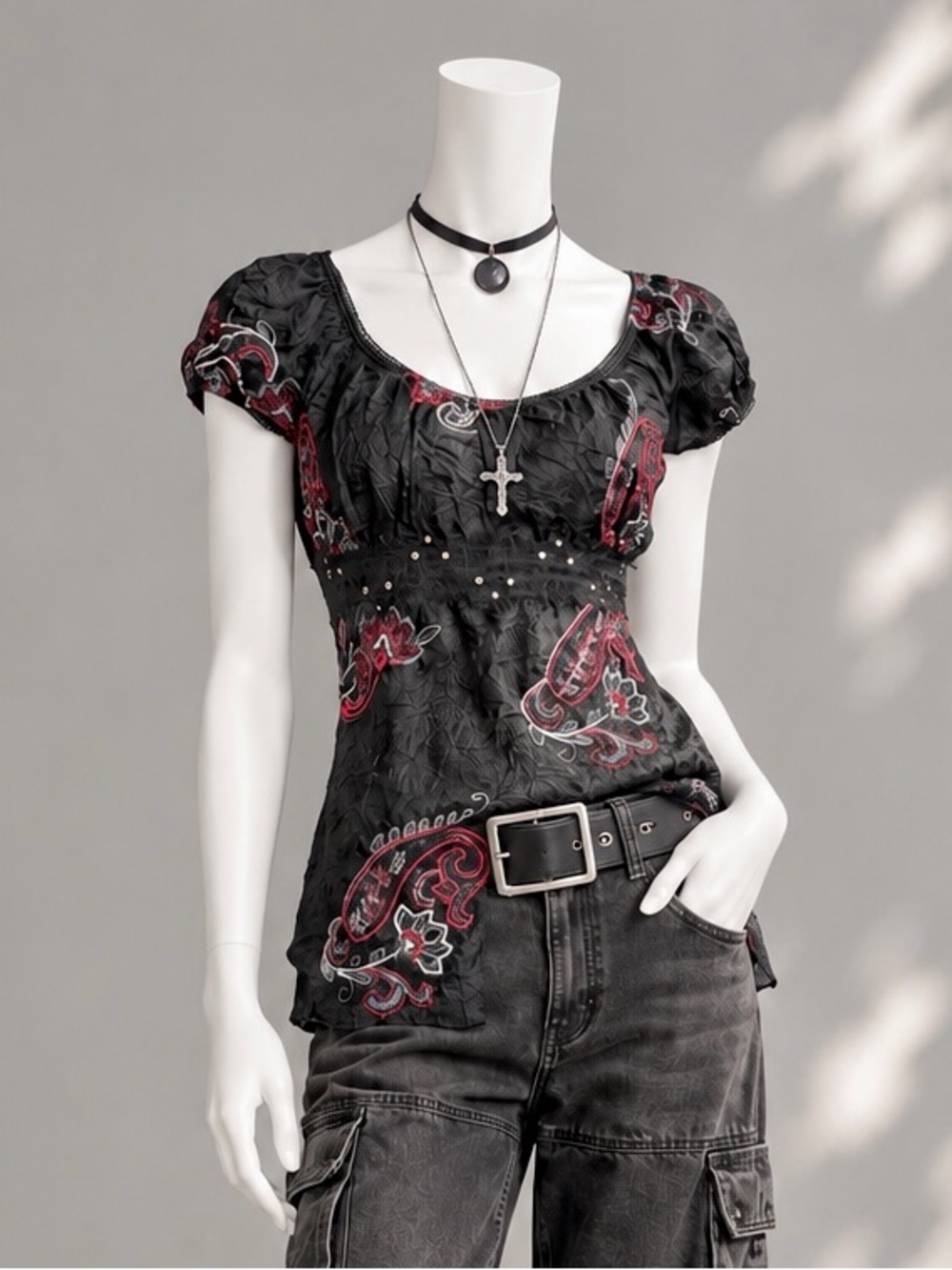 Soulmates Y2K Babydoll Top L Black Paisley Embroidered Whimsigoth Blouse L